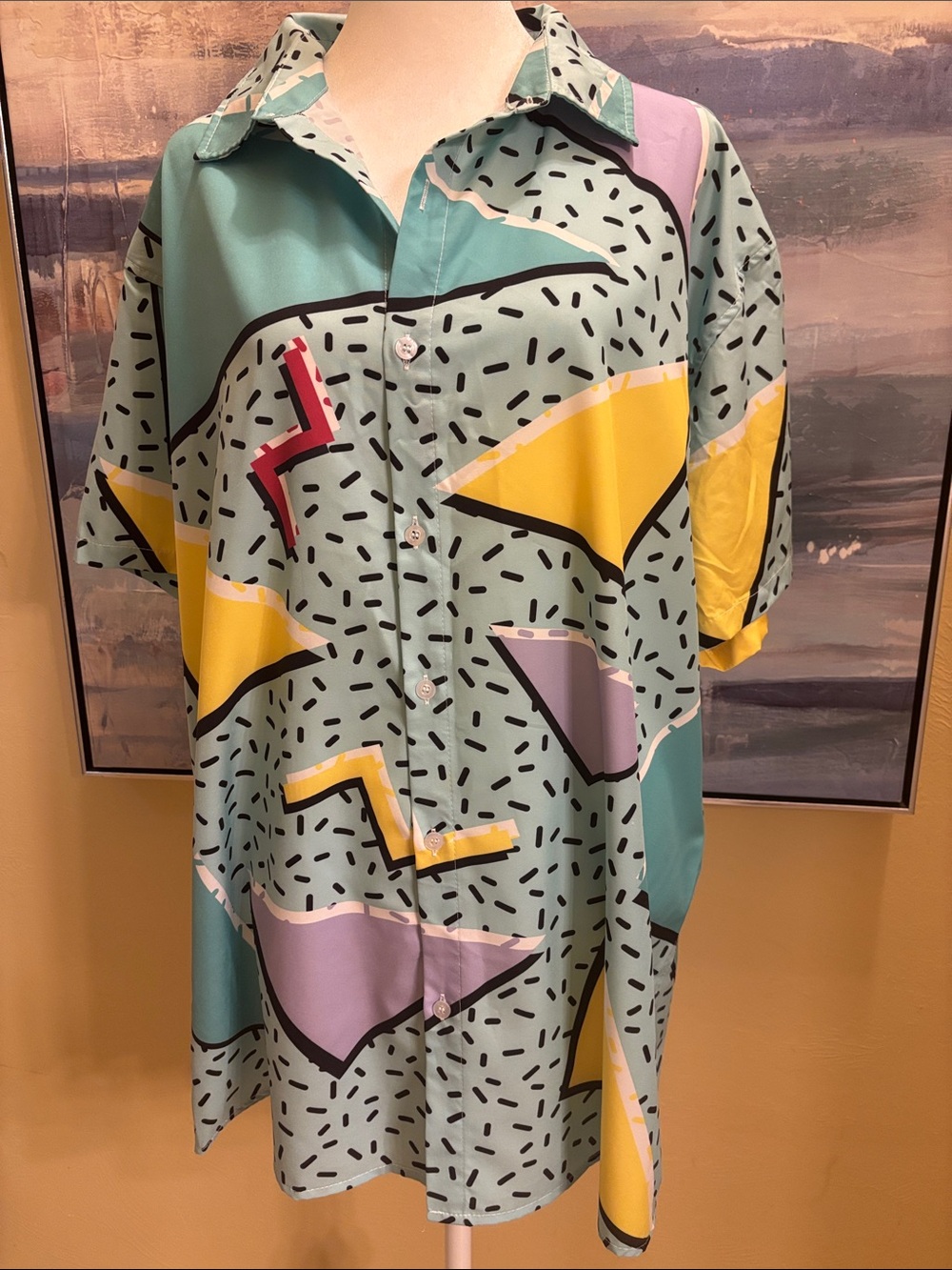 Abstract Geometric Button-Up Shirt in Mint, Yellow & Lavender
